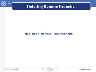 54
‫جاوا‬ ‫زبان‬ ‫به‬ ‫پیشرفته‬ ‫نویسی‬‫برنامه‬
۱۳۹۵/۲/۱
‫صدرنژاد‬ ‫سیدمحمدمسعود‬‫گیت‬‫ورژن‬ ‫کنترل‬‫سامانه‬ ‫کارگاه‬
Deleting Remote Branches
git push REMOTE :BRANCHNAME
 