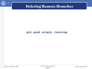 55
‫جاوا‬ ‫زبان‬ ‫به‬ ‫پیشرفته‬ ‫نویسی‬‫برنامه‬
۱۳۹۵/۲/۱
‫صدرنژاد‬ ‫سیدمحمدمسعود‬‫گیت‬‫ورژن‬ ‫کنترل‬‫سامانه‬ ‫کارگاه‬
Deleting Remote Branches
git push origin :testing
 