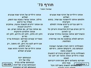 ‫חורף‬73´
‫הספרי‬ ‫שמואל‬
‫שבעים‬ ‫שנת‬ ‫חורף‬ ‫של‬ ‫הילדים‬ ‫אנחנו‬
‫ושלוש‬
‫בתום‬ ,‫שחר‬ ‫עם‬ ‫לראשונה‬ ‫אותנו‬ ‫חלמתם‬
‫הקרבות‬
‫למזלם‬ ‫שהודו‬ ‫עייפים‬ ‫גברים‬ ‫הייתם‬
‫הטוב‬
‫כל‬ ‫ורציתן‬ ‫מודאגות‬ ‫צעירות‬ ‫נשים‬ ‫הייתן‬
‫לאהוב‬ ‫כך‬
‫שבעים‬ ‫בחורף‬ ‫באהבה‬ ‫אותנו‬ ‫וכשהריתם‬
‫ושלוש‬
‫שחיסרה‬ ‫מה‬ ‫את‬ ‫בגופכם‬ ‫למלא‬ ‫רציתם‬
.‫המלחמה‬
‫ועצובה‬ ‫פצועה‬ ‫הארץ‬ ‫היתה‬ ‫כשנולדנו‬
‫ניסיתם‬ ,‫אותנו‬ ‫חיבקתם‬ ,‫בנו‬ ‫הבטתם‬
‫נחמה‬ ‫למצוא‬
‫דומעות‬ ‫בעיניים‬ ‫הזקנים‬ ‫ברכו‬ ‫כשנולדנו‬
‫אל‬ ‫ילכו‬ ‫לא‬ ‫הלואי‬ ‫האלה‬ ‫הילדים‬ ‫אמרו‬
‫הצבא‬
‫דיברתם‬ ‫מוכיחות‬ ‫הישן‬ ‫בתצלום‬ ‫ופניכם‬
‫הלב‬ ‫מכל‬
‫הכל‬ ‫בשבילנו‬ ‫לעשות‬ ‫כשהבטחתם‬
‫שבעים‬ ‫שנת‬ ‫חורף‬ ‫של‬ ‫הילדים‬ ‫אנחנו‬
‫ושלוש‬
,‫הנשק‬ ‫עם‬ ‫בצבא‬ ‫עכשיו‬ ‫אנחנו‬ ,‫גדלנו‬
‫הראש‬ ‫על‬ ‫קסדה‬
‫צוחקים‬ ,‫אהבה‬ ‫לעשות‬ ‫יודעים‬ ‫אנחנו‬ ‫גם‬
‫לבכות‬ ‫ויודעים‬
‫גם‬ ,‫נשים‬ ‫אנחנו‬ ‫גם‬ ,‫גברים‬ ‫אנחנו‬ ‫גם‬
‫תינוקות‬ ‫חולמים‬ ‫אנחנו‬
‫לא‬ ‫ולכן‬ ,‫נדרוש‬ ‫לא‬ ‫ולכן‬ ,‫נלחץ‬ ‫לא‬ ‫ולכן‬
‫נאיים‬
‫צריך‬ ‫הבטחות‬ :‫אמרתם‬ ‫קטנים‬ ‫כשהיינו‬
‫לקיים‬
‫רק‬ ,‫נחסוך‬ ‫לא‬ ,‫ניתן‬ ‫כח‬ ‫לכם‬ ‫דרוש‬ ‫אם‬
‫ללחוש‬ ‫רצינו‬
‫שנת‬ ‫ההוא‬ ‫החורף‬ ‫של‬ ‫הילדים‬ ‫אנחנו‬
‫ושלוש‬ ‫שבעים‬
‫יונה‬ ‫הבטחתם‬
‫זית‬ ‫של‬ ‫עלה‬
‫בבית‬ ‫שלום‬ ‫הבטחתם‬
‫ופריחות‬ ‫אביב‬ ‫הבטחתם‬
‫הבטחות‬ ‫לקיים‬ ‫הבטחתם‬
VOLVER castellano >
 