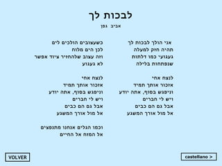 ‫לך‬ ‫לבכות‬
‫אביב‬‫גפן‬
‫לך‬ ‫לבכות‬ ‫הולך‬ ‫ אני‬
‫למעלה‬ ‫חזק‬ ‫תהיה‬
‫דלתות‬ ‫כמו‬ ‫געגועי‬
‫בלילה‬ ‫שנפתחות‬
‫אחי‬ ‫לנצח‬
‫תמיד‬ ‫אותך‬ ‫אזכור‬
‫יודע‬ ‫אתה‬ ,‫בסוף‬ ‫וניפגש‬
‫חברים‬ ‫לי‬ ‫ויש‬
‫כבים‬ ‫הם‬ ‫גם‬ ‫אבל‬
‫המשגע‬ ‫אורך‬ ‫מול‬ ‫אל‬
‫לים‬ ‫הולכים‬ ‫כשעצובים‬
‫מלוח‬ ‫הים‬ ‫לכן‬
‫אפשר‬ ‫ציוד‬ ‫שלהחזיר‬ ‫עצוב‬ ‫וזה‬
‫געגוע‬ ‫לא‬
‫אחי‬ ‫לנצח‬
‫תמיד‬ ‫אותך‬ ‫אזכור‬
‫יודע‬ ‫אתה‬ ,‫בסוף‬ ‫וניפגש‬
‫חברים‬ ‫לי‬ ‫ויש‬
‫כבים‬ ‫הם‬ ‫גם‬ ‫אבל‬
‫המשגע‬ ‫אורך‬ ‫מול‬ ‫אל‬
‫מתנפצים‬ ‫אנחנו‬ ‫הגלים‬ ‫וכמו‬
‫החיים‬ ‫אל‬ ‫המזח‬ ‫אל‬
VOLVER castellano >
 