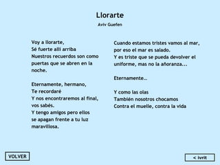Llorarte
Aviv Guefen
Voy a llorarte,
Sé fuerte allí arriba
Nuestros recuerdos son como
puertas que se abren en la
noche.
 
Eternamente, hermano,
Te recordaré
Y nos encontraremos al final,
vos sabés.
Y tengo amigos pero ellos
se apagan frente a tu luz
maravillosa.
Cuando estamos tristes vamos al mar,
por eso el mar es salado.
Y es triste que se pueda devolver el
uniforme, mas no la añoranza...
 
Eternamente…
 
Y como las olas
También nosotros chocamos
Contra el muelle, contra la vida
VOLVER < ivrit
 