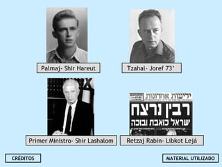 Palmaj- Shir Hareut
Primer Ministro- Shir Lashalom
Tzahal- Joref 73’
Retzaj Rabin- Libkot Lejá
CRÉDITOS MATERIAL UTILIZADO
 