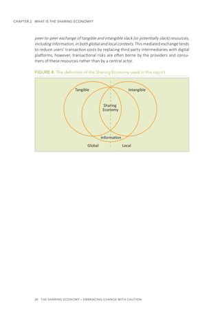 20  THE SHARING ECONOMY – EMBRACING CHANGE WITH CAUTION
CHAPTER 2  WHAT IS THE SHARING ECONOMY?
peer-to-peer exchange of tangible and intangible slack (or potentially slack) resources,
including information, in both global and local contexts. This mediated exchange tends
to reduce users’ transaction costs by replacing third party intermediaries with digital
platforms; however, transactional risks are often borne by the providers and consu-
mers of these resources rather than by a central actor.
FIGURE 4. The definition of the Sharing Economy used in this report
IntangibleTangible
LocalGlobal
Sharing
Economy
Information
 