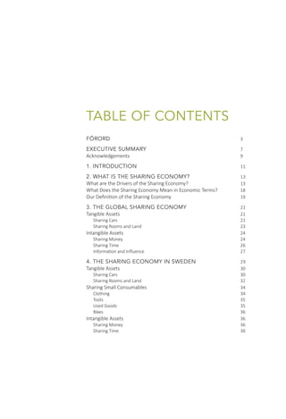 FÖRORD						3
EXECUTIVE SUMMARY					7
Acknowledgements						 9
1. INTRODUCTION					11
2. WHAT IS THE SHARING ECONOMY?			 13
What are the Drivers of the Sharing Economy?			 13
What Does the Sharing Economy Mean in Economic Terms?		 18
Our Definition of the Sharing Economy				 19
3. THE GLOBAL SHARING ECONOMY 			 21
Tangible Assets						 21
Sharing Cars						 21
Sharing Rooms and Land					 23
Intangible Assets						 24
Sharing Money						 24
Sharing Time						 26
Information and Influence					 27
4. THE SHARING ECONOMY IN SWEDEN			 29
Tangible Assets						 30
Sharing Cars						 30
Sharing Rooms and Land					 32
Sharing Small Consumables					 34
Clothing						 34
Tools							 35
Used Goods						 35
Bikes							 36
Intangible Assets						 36
Sharing Money						 36
Sharing Time						 36
TABLE OF CONTENTS
 