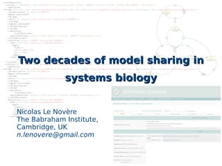 Two decades of model sharing in
Two decades of model sharing in
systems biology
systems biology
Nicolas Le Novère
The Babraham Institute,
Cambridge, UK
n.lenovere@gmail.com
 