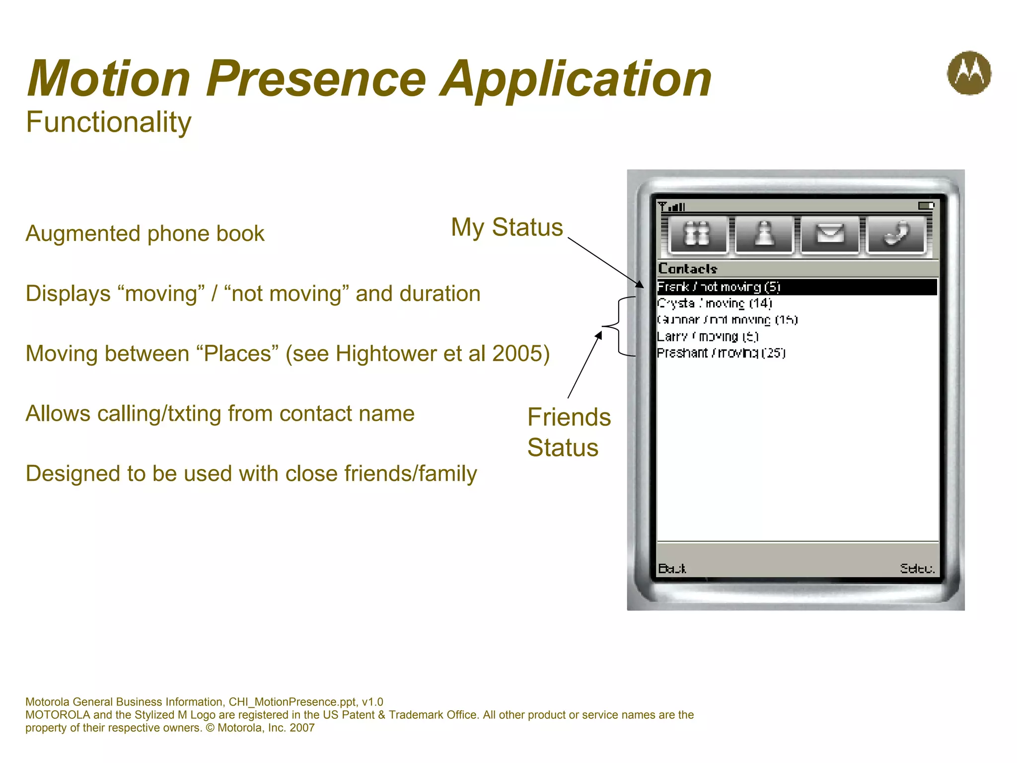 Motion Presence Application Functionality Augmented phone book Displays “moving” / “not moving” and duration Moving between “Places” (see Hightower et al 2005) Allows calling/txting from contact name Designed to be used with close friends/family My Status Friends Status 