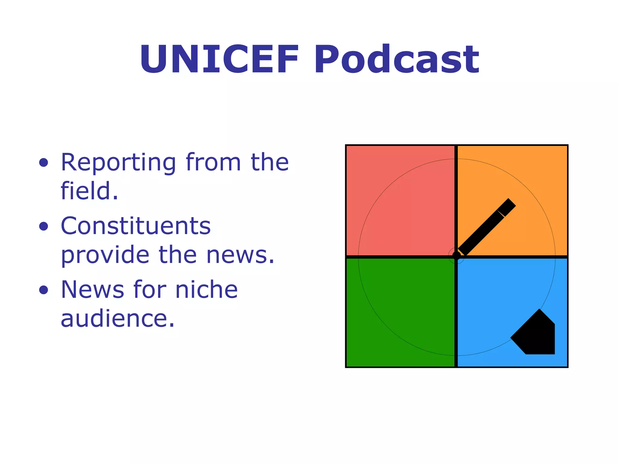 UNICEF Podcast Reporting from the field. Constituents provide the news. News for niche audience. 