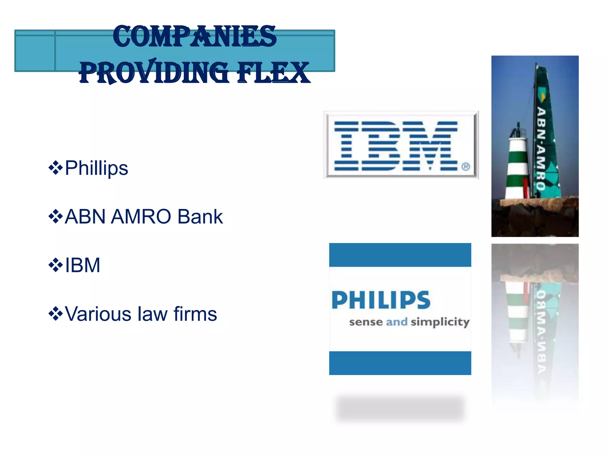 Companies
   Providing Flex


Phillips

ABN AMRO Bank

IBM

Various law firms
 