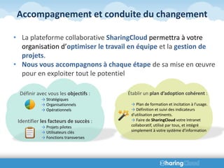 Accompagnement et conduite du changement

• La plateforme collaborative SharingCloud permettra à votre
  organisation d’optimiser le travail en équipe et la gestion de
  projets.
• Nous vous accompagnons à chaque étape de sa mise en œuvre
  pour en exploiter tout le potentiel

  Définir avec vous les objectifs :    Établir un plan d’adoption cohérent :
            → Stratégiques
            → Organisationnels          → Plan de formation et incitation à l’usage.
            → Opérationnels             → Définition et suivi des indicateurs
                                        d’utilisation pertinents.
 Identifier les facteurs de succès :    → Faire de SharingCloud votre Intranet
            → Projets pilotes           collaboratif, utilisé par tous, et intégré
            → Utilisateurs clés         simplement à votre système d’information
            → Fonctions transverses
 