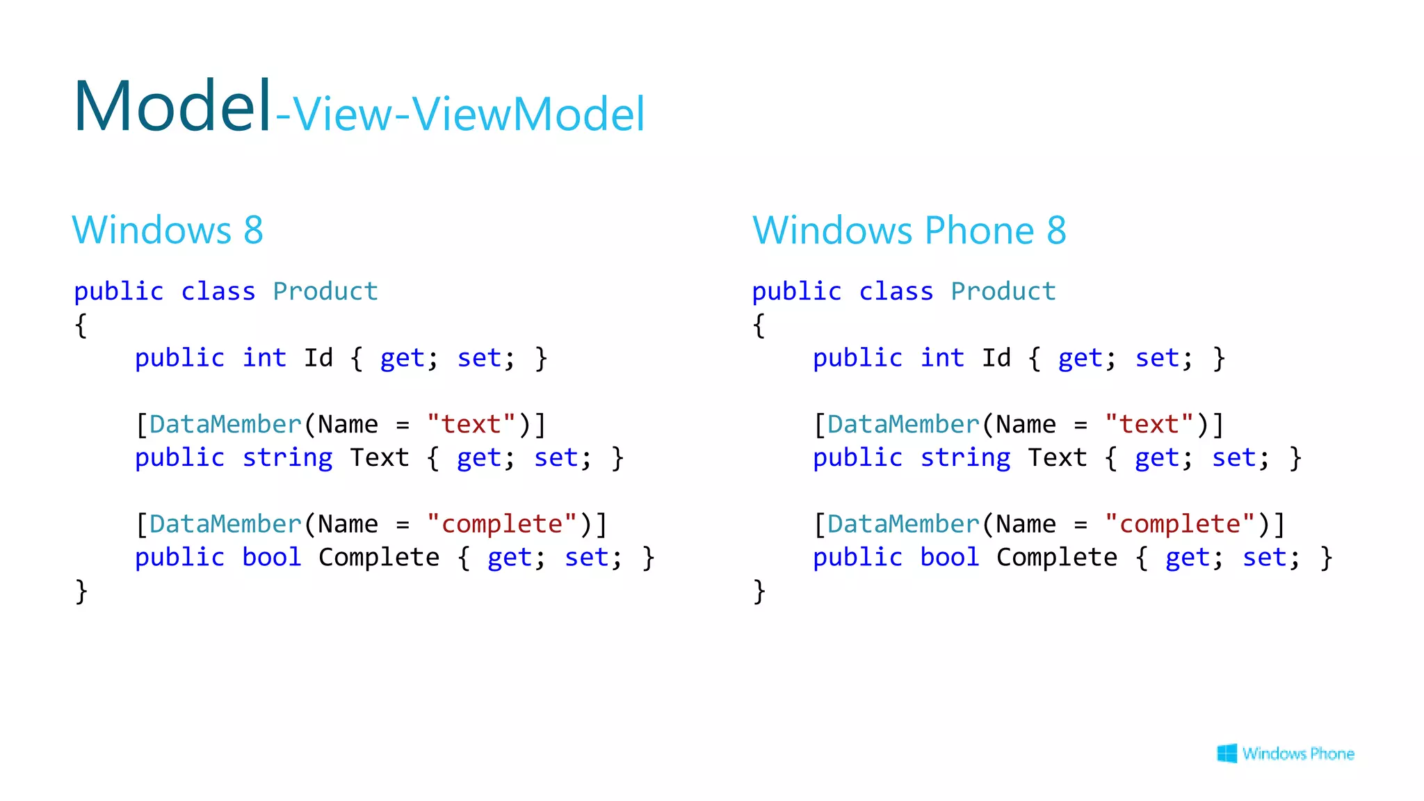 Model-View-ViewModel
Windows 8                                Windows Phone 8
public class Product                     public class Product
{                                        {
    public int Id { get; set; }              public int Id { get; set; }

    [DataMember(Name = "text")]              [DataMember(Name = "text")]
    public string Text { get; set; }         public string Text { get; set; }

    [DataMember(Name = "complete")]          [DataMember(Name = "complete")]
    public bool Complete { get; set; }       public bool Complete { get; set; }
}                                        }
 