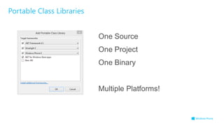 Portable Class Libraries


                           One Source
                           One Project
                           One Binary


                           Multiple Platforms!
 