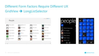 Different Form Factors Require Different UX
GridView  LongListSelector




29   Microsoft confidential
 