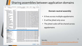See also:
https://blogs.msdn.microsoft.com/junfeng/2004/08/05/do
main-neutral-assemblies/
• It lives across multiple appdomains
• It will be jitted only once
• The jitted code will be shared across
appdomains
Domain neutral assembly
10
Sharing assemblies between application domains
 