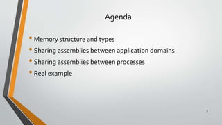 Agenda
• Memory structure and types
• Sharing assemblies between application domains
• Sharing assemblies between processes
• Real example
3
 