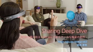 Tokyo HoloLens Meetup vol.2
鈴木 孝明
Sharing Deep Dive
- 30 分で掴み取る HoloLens で最もクールな機能の勘所 -
 