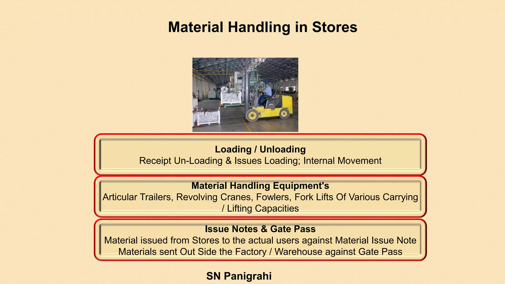 Material Handling in Stores
Loading / Unloading
Receipt Un-Loading & Issues Loading; Internal Movement
Material Handling Equipment's
Articular Trailers, Revolving Cranes, Fowlers, Fork Lifts Of Various Carrying
/ Lifting Capacities
Issue Notes & Gate Pass
Material issued from Stores to the actual users against Material Issue Note
Materials sent Out Side the Factory / Warehouse against Gate Pass
SN Panigrahi
 