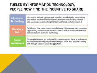 FUELED BY INFORMATION TECHNOLOGY, 
PEOPLE NOW FIND THE INCENTIVE TO SHARE 
Information 
Technology 
Monetary 
Gain 
Social 
Awareness 
Information technology improves imperfect knowledge by transmitting 
information on almost real-time basis from one individual to another. IT 
tells us who owns something that can be shared and who needs it. 
People can now make money out of sharing. Businesses earn revenues 
by providing a platform and infrastructure to enable individuals to share. 
Individuals earn revenues by sharing. 
For people who are not motivated by monetary gain, there is an inherent 
social value in sharing, especially when you know who you are sharing 
with through a social networking platform. 
 