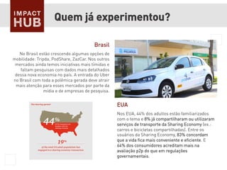 Quem já experimentou?
Brasil
No Brasil estão crescendo algumas opções de
mobilidade: Tripda, PodShare, ZazCar. Nos outros
mercados ainda temos iniciativas mais tímidas e
faltam pesquisas com dados mais detalhados
dessa nova economia no país. A entrada do Uber
no Brasil com toda a polêmica gerada deve atrair
mais atenção para esses mercados por parte da
mídia e de empresas de pesquisa.
EUA
Nos EUA, 44% dos adultos estão familiarizados
com o tema e 8% já compartilharam ou utilizaram
serviços de transporte da Sharing Economy (ex.:
carros e bicicletas compartilhadas). Entre os
usuários da Sharing Economy, 83% concordam
que a vida ﬁca mais conveniente e eﬁciente. E
64% dos consumidores acreditam mais na
avaliação p2p do que em regulações
governamentais.
 