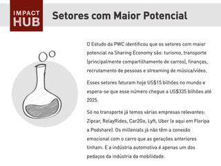 O Estudo da PWC identiﬁcou que os setores com maior
potencial na Sharing Economy são: turismo, transporte
(principalmente compartilhamento de carros), ﬁnanças,
recrutamento de pessoas e streaming de música/vídeo.
Esses setores faturam hoje US$15 bilhões no mundo e
espera-se que esse número chegue a US$335 bilhões até
2025.
Só no transporte já temos várias empresas relevantes:
Zipcar, RelayRides, Car2Go, Lyft, Uber (e aqui em Floripa
a Podshare). Os millenials já não têm a conexão
emocional com o carro que as gerações anteriores
tinham. E a indústria automotiva é apenas um dos
pedaços da indústria da mobilidade.
Setores com Maior Potencial
 