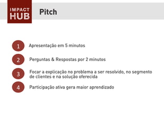 Pitch
1	
  
2	
  
Apresentação em 5 minutos
Focar a explicação no problema a ser resolvido, no segmento
de clientes e na solução oferecida3	
  
Perguntas & Respostas por 2 minutos
4	
   Participação ativa gera maior aprendizado
 