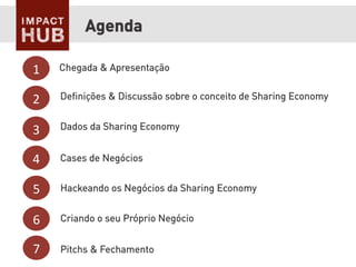 Agenda
1	
  
2	
  
Chegada & Apresentação
Deﬁnições & Discussão sobre o conceito de Sharing Economy
3	
   Dados da Sharing Economy
4	
   Cases de Negócios
5	
   Hackeando os Negócios da Sharing Economy
6	
   Criando o seu Próprio Negócio
7	
   Pitchs & Fechamento
 