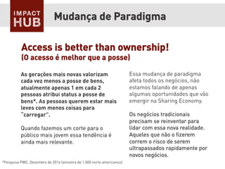 As gerações mais novas valorizam
cada vez menos a posse de bens,
atualmente apenas 1 em cada 2
pessoas atribui status a posse de
bens*. As pessoas querem estar mais
leves com menos coisas para
“carregar”.
Quando fazemos um corte para o
público mais jovem essa tendência é
ainda mais relevante.
Mudança de Paradigma
Essa mudança de paradigma
afeta todos os negócios, não
estamos falando de apenas
algumas oportunidades que vão
emergir na Sharing Economy.
Os negócios tradicionais
precisam se reinventar para
lidar com essa nova realidade.
Aqueles que não o ﬁzerem
correm o risco de serem
ultrapassados rapidamente por
novos negócios.
Access is better than ownership!
(O acesso é melhor que a posse)
*Pesquisa PWC, Dezembro de 2014 (amostra de 1.000 norte americanos)
 