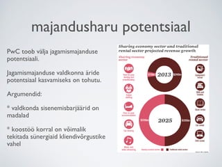majandusharu potentsiaal
PwC toob välja jagamismajanduse
potentsiaali.
Jagamismajanduse valdkonna äride
potentsiaal kasvamiseks on tohutu.
Argumendid:
* valdkonda sisenemisbarjäärid on
madalad
* koostöö korral on võimalik
tekitada sünergiaid kliendivõrgustike
vahel
 