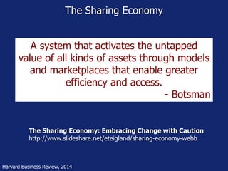 A system that activates the untapped
value of all kinds of assets through models
and marketplaces that enable greater
efficiency and access.
- Botsman
The Sharing Economy
Harvard Business Review, 2014
The Sharing Economy: Embracing Change with Caution
http://www.slideshare.net/eteigland/sharing-economy-webb
 