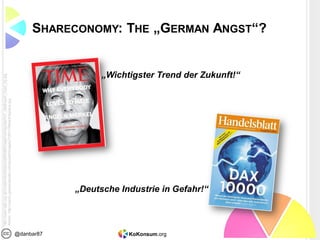 KoKonsum.org@danbar87
SHARECONOMY: THE „GERMAN ANGST“?
http://www.tate.org.uk/modern/exhibitions/jeffwall/image/roomguide/rm1_destroyed_room_lrg.jpg
Airbnb:http://cache.gawkerassets.com/assets/images/7/2011/08/airbnbplace.jpg
„Wichtigster Trend der Zukunft!“
„Deutsche Industrie in Gefahr!“
 