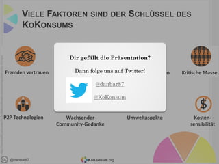 KoKonsum.org@danbar87
VIELE FAKTOREN SIND DER SCHLÜSSEL DES
KOKONSUMS
Fremden vertrauen Glaube an Gemeingut Freie Kapazitäten Kritische Masse
P2P Technologien Wachsender
Community-Gedanke
Umweltaspekte Kosten-
sensibilität
http://ourworld.unu.edu/en/collaboratively-consuming-everyday-things/
Dir gefällt die Präsentation?
Dann folge uns auf Twitter!
@danbar87
@KoKonsum
 