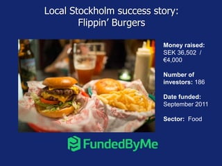 Local Stockholm success story: 
Flippin’ Burgers 
Money raised: 
SEK 36,502 / 
€4,000 
Number of 
investors: 186 
Date funded: 
September 2011 
Sector: Food 
 