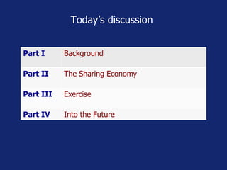 Today’s discussion 
Part I Background 
Part II The Sharing Economy 
Part III Exercise 
Part IV Into the Future 
 