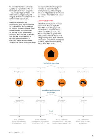 No amount of marketing will force a
customer to buy something that can
be shared. Rather, smart companies
– and progressive governments – will
embrace the sharing economy and
integrate it into their business lines and
commitment to local citizens.
In addition, companies and
organizations in the sharing economy
are experimenting with new metrics
for enabling trust and exchange. These
innovations raise new possibilities
for how low income individuals or
businesses with cash flow difficulties
may find new means by which to
exchange goods and services –
effectively trading without money.
Therefore the sharing economy provides

new opportunities for enabling local
economic development and even
poverty reduction, underscoring its
relevance and potential for communities
and business in myriad markets around
the world.

Collaborative home
Take a look around you. Do you have
a spare room that sits empty for
most of the year? Perhaps you are
like the average car owner whose
vehicle sits idle for 22 hours a day.
We are surrounded by spaces, skills,
time, gardens, and stuff that all have
“idling capacity.” With more and more
collaborative consumption marketplaces
launching, we can now swap, barter,
rent or share these assets.

The Collaborative Home

Parking & transport

Skills & chores

A spare bed

DVD’s, books & games

Collaborative consumption
marketplace

• Relayrides.com
• Parkatmyhouse.com

• Skillshare.com
• Taskrabbit.com

• Airbnb.com
• Crashpadder.com

• Murfie.com
• Swap.com

Profit

$8,931 USD per year

$15,000 USD per year

$21,000 USD per year

$200 USD per month

Average amount made by
Relayride’s frequent renters

Average amount that a Taskrabbit
errand “runner” makes in a year

Average amount that a New Yorker
makes renting their space on Airbnb

Rentoid renting out video
gaming systems

Source: Collaborative Lab.

9

 