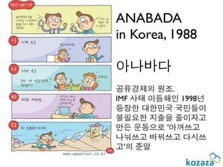 ANABADA
in Korea, 1988

아나바다
공유경제의 원조.
IMF 사태 이듬해인 1998년
등장한 대한민국 국민들이
불필요한 지출을 줄이자고
만든 운동으로 '아껴쓰고
나눠쓰고 바꿔쓰고 다시쓰
고'의 준말
 