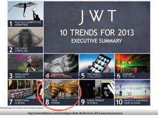 http://www.slideshare.net/jwtintelligence/jwt-10-trends-for-2013-executive-summary




http://www.slideshare.net/jwtintelligence/jwt-10-trends-for-2013-executive-summary
 