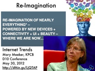 Re-Imagination




Internet Trends
Mary Meeker, KPCB
D10 Conference
May 30, 2012
http://dthin.gs/LjQTAP
 