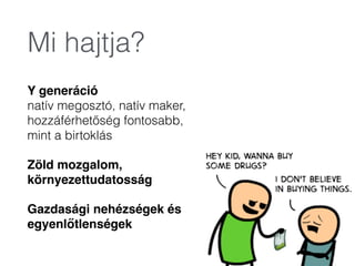 Mi hajtja?
Y generáció  
natív megosztó, natív maker,
hozzáférhetőség fontosabb,
mint a birtoklás
Zöld mozgalom,
környezettudatosság"
Gazdasági nehézségek és
egyenlőtlenségek
 