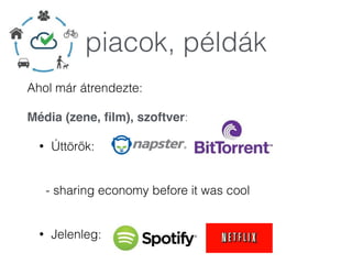 piacok, példák
Ahol már átrendezte:
Média (zene, ﬁlm), szoftver:
• Úttörők: "
 
- sharing economy before it was cool 
• Jelenleg:
 