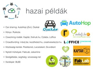 • Car sharing: AutoHop (Zivi), Oszkár
• Könyv: Rukkola
• Coworking irodák: Kaptár, thehub.hu, Colabs, Lofﬁce
• Crowdfunding: indulj.be, kezdheted.hu, creativeselector.hu
• Közösségi kertek: Pestiborsó, Lecsóskert, Grundkert
• Nyitott műhelyek: FabLab, oskantine
• Szolgáltatás, segítség: szivesseg.net
• Kerékpár: BUBI
hazai példák
 