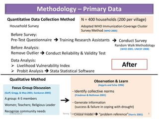 Methodology – Primary Data
  Quantitative Data Collection Method                   N = 400 households (200 per village)
    Household Survey                                    Adopted WHO Immunization Coverage Cluster
                                                        Survey Method (WHO 2005)
     Before Survey:
     Pre-Test Questionnaire  Training Research Assistants  Conduct Survey
                                                                                    Random Walk Methodology
     Before Analysis:                                                                   (WHO 2005, UNICEF 2008)
     Remove Outlier  Conduct Reliability & Validity Test
     Data Analysis:
      Livelihood Vulnerability Index                                                     After
      Probit Analysis  Stata Statistical Software
    Qualitative Method                                            Observation & Learn
                                                                     (Argyris and Scho 1996)
      Focus Group Discussion
(Goff, Gregg, & May 2001; Sankaran 2005)          - Identify collective norms
                                                   (Friedman & Rothman 2001)
A group: 4-5 members
                                                  - Generate information
Women; Teachers; Religious Leader
                                                   (success & failure in coping with drought)
Recognize community needs
    27/03/2013                                     - Create model 
                                           Yenny Tjoe, CEPH PhD Meeting “problem   reference”(Harris 2001)    6
 