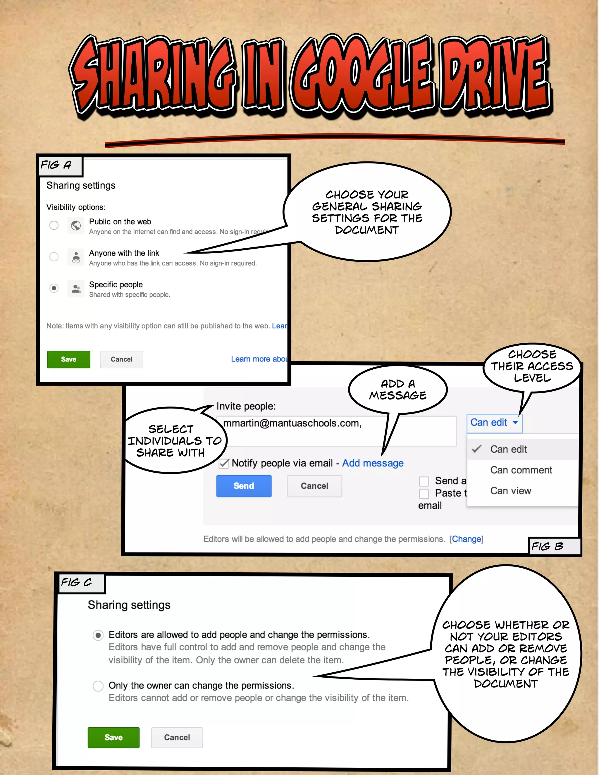 Your words here...
Fig C
Select
Individuals to
share with
Fig A
Choose your
general sharing
settings for the
document
Choose
their access
level
Add a
message
Fig B
Choose whether or
not your editors
can add or remove
people, or change
the visibility of the
document