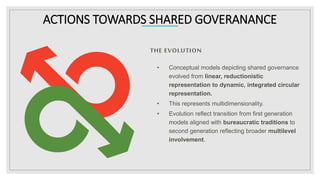 ACTIONS TOWARDS SHARED GOVERANANCE
THE EVOLUTION
• Conceptual models depicting shared governance
evolved from linear, reductionistic
representation to dynamic, integrated circular
representation.
• This represents multidimensionality.
• Evolution reflect transition from first generation
models aligned with bureaucratic traditions to
second generation reflecting broader multilevel
involvement.
 