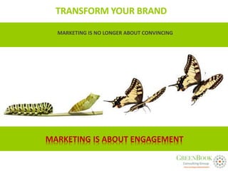 TRANSFORM YOUR BRAND

  MARKETING IS NO LONGER ABOUT CONVINCING




MARKETING IS ABOUT ENGAGEMENT
 