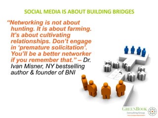 SOCIAL MEDIA IS ABOUT BUILDING BRIDGES
“Networking is not about
 hunting. It is about farming.
 It’s about cultivating
 relationships. Don’t engage
 in ‘premature solicitation’.
 You’ll be a better networker
 if you remember that.” – Dr.
 Ivan Misner, NY bestselling
 author & founder of BNI
 