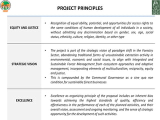 PROJECT PRINCIPLES

                     •   Recognition of equal ability, potential, and opportunities for access rights to
EQUITY AND JUSTICE       the same conditions of human development of all individuals in a society,
                         without admitting any discrimination based on gender, sex, age, social
                         status, ethnicity, culture, religion, identity, or other type


                     •   The project is part of the strategic vision of paradigm shift in the Forestry
                         Sector, abandoning traditional forms of unsustainable extraction activity in
                         environmental, economic and social issues, to align with Integrated and
STRATEGIC VISION         Sustainable Forest Management from ecosystem approaches and adaptive
                         management, incorporating elements of multiculturalism, reciprocity, equity
                         and justice.
                     •   This is compounded by the Communal Governance as a sine qua non
                         condition for sustainable forest businesses


                     •   Excellence as organizing principle of the proposal includes an inherent bias
   EXCELLENCE            towards achieving the highest standards of quality, efficiency and
                         effectiveness in the performance of each of the planned activities, and their
                         overall vision, assessment and ongoing monitoring, and the sense of strategic
                         opportunity for the development of such activities.
 
