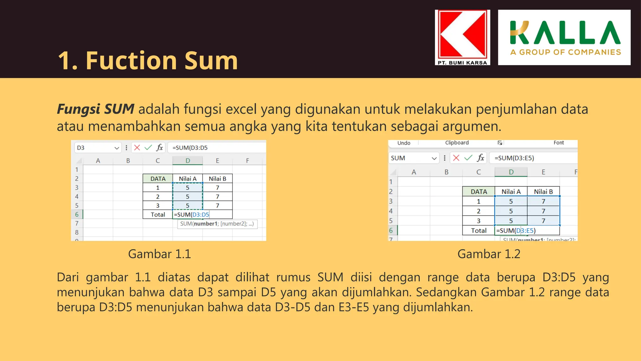 1. Fuction Sum
Fungsi SUM adalah fungsi excel yang digunakan untuk melakukan penjumlahan data
atau menambahkan semua angka yang kita tentukan sebagai argumen.
Dari gambar 1.1 diatas dapat dilihat rumus SUM diisi dengan range data berupa D3:D5 yang
menunjukan bahwa data D3 sampai D5 yang akan dijumlahkan. Sedangkan Gambar 1.2 range data
berupa D3:D5 menunjukan bahwa data D3-D5 dan E3-E5 yang dijumlahkan.
Gambar 1.1 Gambar 1.2
 