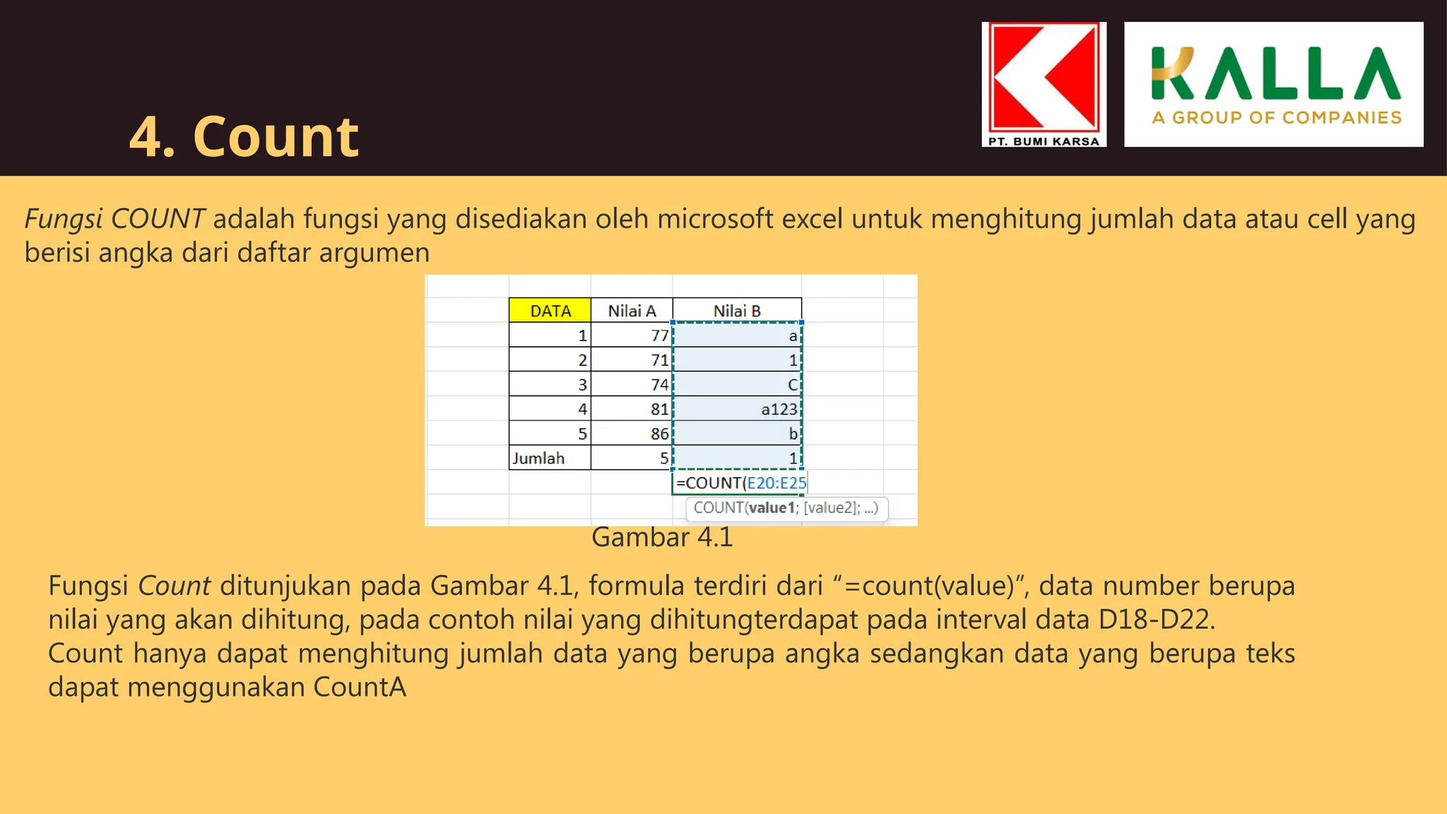 4. Count
Fungsi COUNT adalah fungsi yang disediakan oleh microsoft excel untuk menghitung jumlah data atau cell yang
berisi angka dari daftar argumen
Fungsi Count ditunjukan pada Gambar 4.1, formula terdiri dari “=count(value)”, data number berupa
nilai yang akan dihitung, pada contoh nilai yang dihitungterdapat pada interval data D18-D22.
Count hanya dapat menghitung jumlah data yang berupa angka sedangkan data yang berupa teks
dapat menggunakan CountA
Gambar 4.1
 
