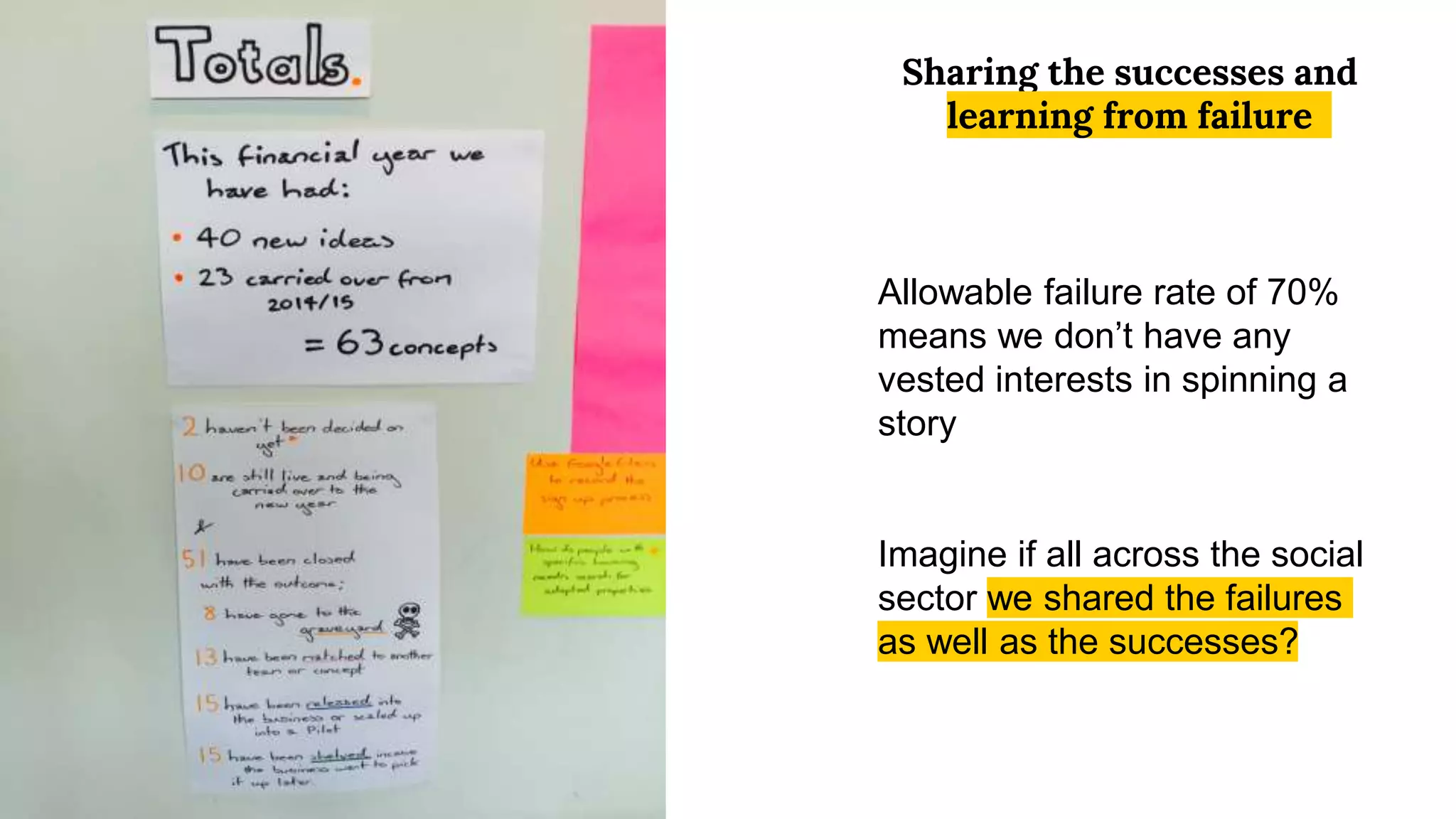 Sharing the successes and
learning from failure
Allowable failure rate of 70%
means we don’t have any
vested interests in spinning a
story
Imagine if all across the social
sector we shared the failures
as well as the successes?
 