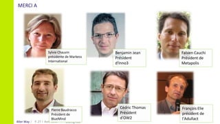 Alter Way
MERCI A
Avril 2016 Sharing LilleP. 27
Cédric Thomas
Président
d'OW2
Benjamin Jean
Président
d'Inno3
Fabien Cauchi
Président de
Metapolis
François Elie
président de
l'Adullact
Sylvie Chauvin
présidente de Markess
International
Pierre Baudracco
Président de
BlueMind
 