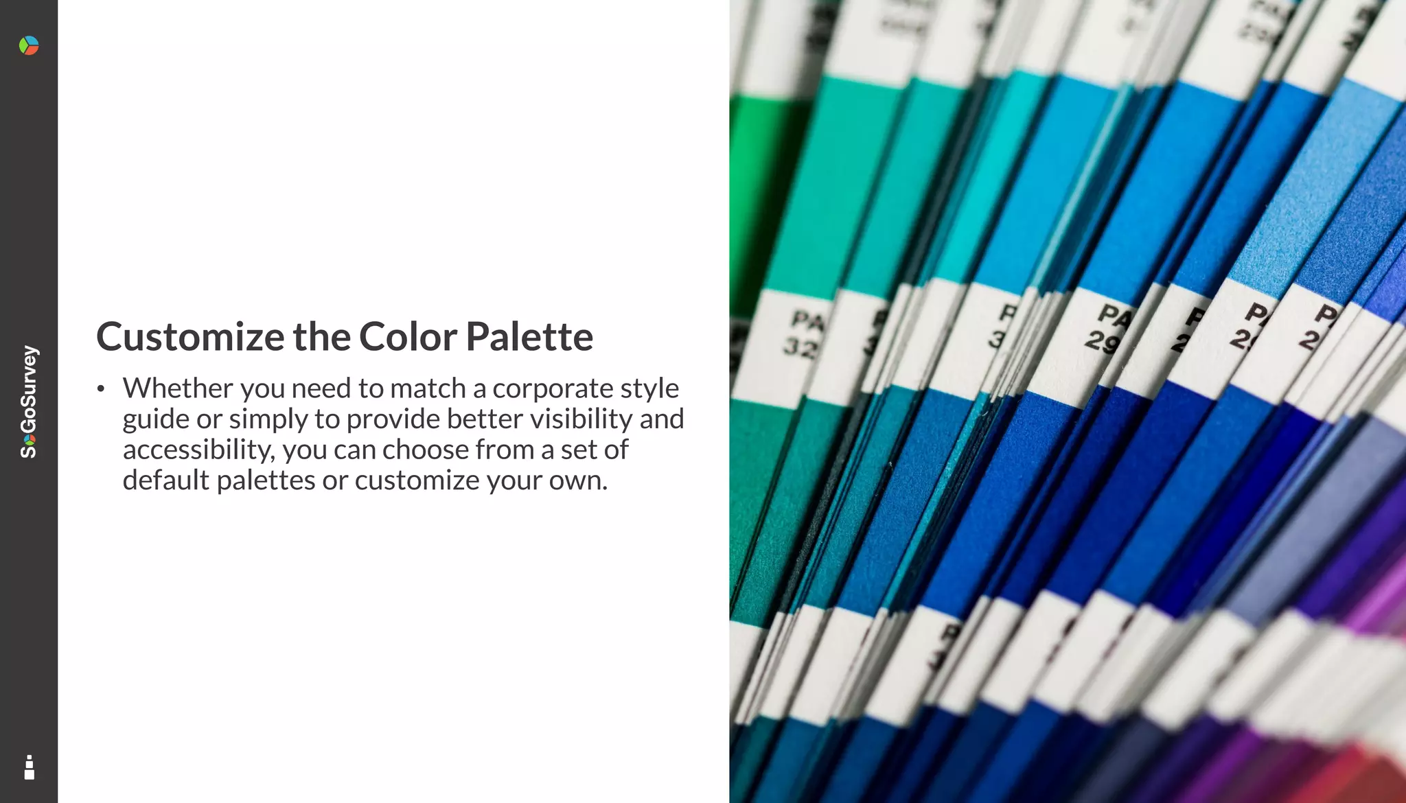 10
Customize the Color Palette
• Whether you need to match a corporate style
guide or simply to provide better visibility and
accessibility, you can choose from a set of
default palettes or customize your own.
 